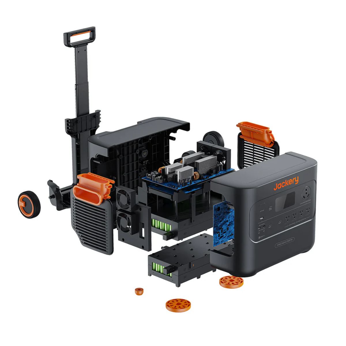 Disassembled view of Jackery JE-3000A Explorer 3000 Pro Portable Power Station displaying the inside parts of the portable power station