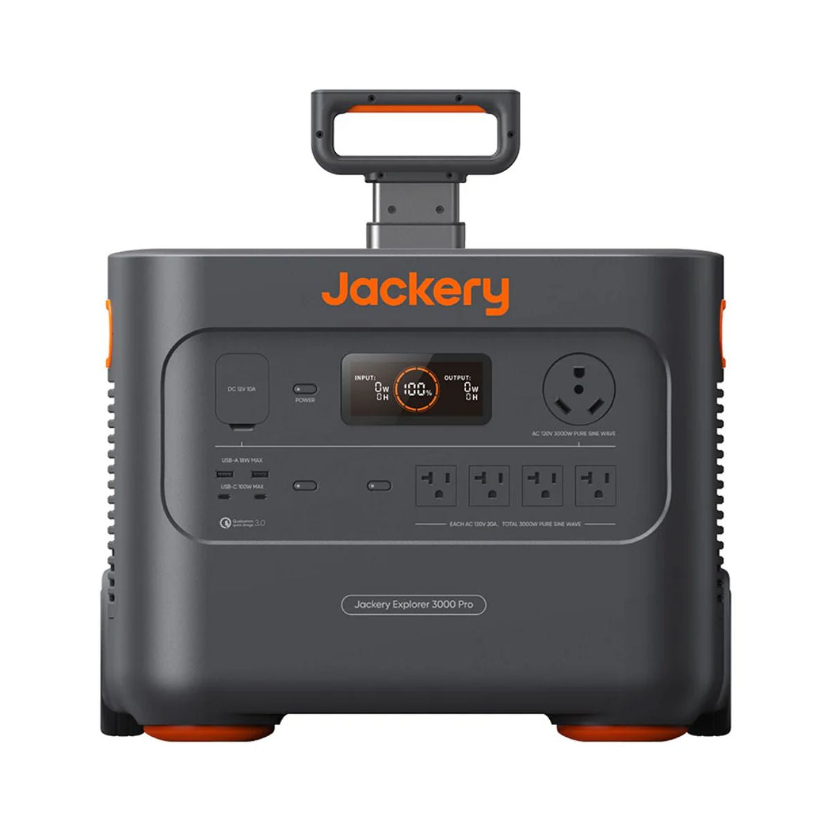 Front panel view of Jackery JE-3000A Explorer 3000 Pro Portable Power Station displaying its Main Power Button, Car Port, USB Output Port, and AC Output Ports