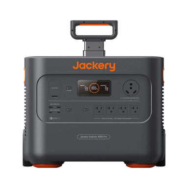 Front panel view of Jackery JE-3000A Explorer 3000 Pro Portable Power Station displaying its Main Power Button, Car Port, USB Output Port, and AC Output Ports