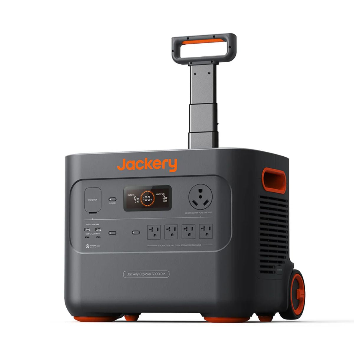 Jackery JE-3000A Explorer 3000 Pro Portable Power Station displaying its portability with its wheels and suite case design with its black and orange color scheme