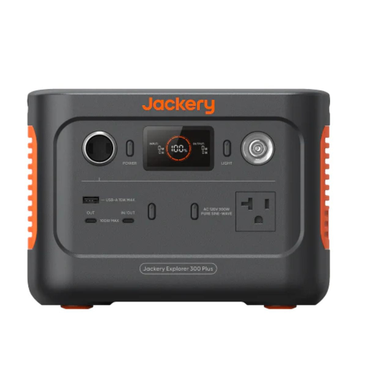 Front panel view of Jackery JE-300B Explorer 300 Plus Portable Power Station displaying its main power button, car port, LCD screen, USB and AC output ports, and LED light