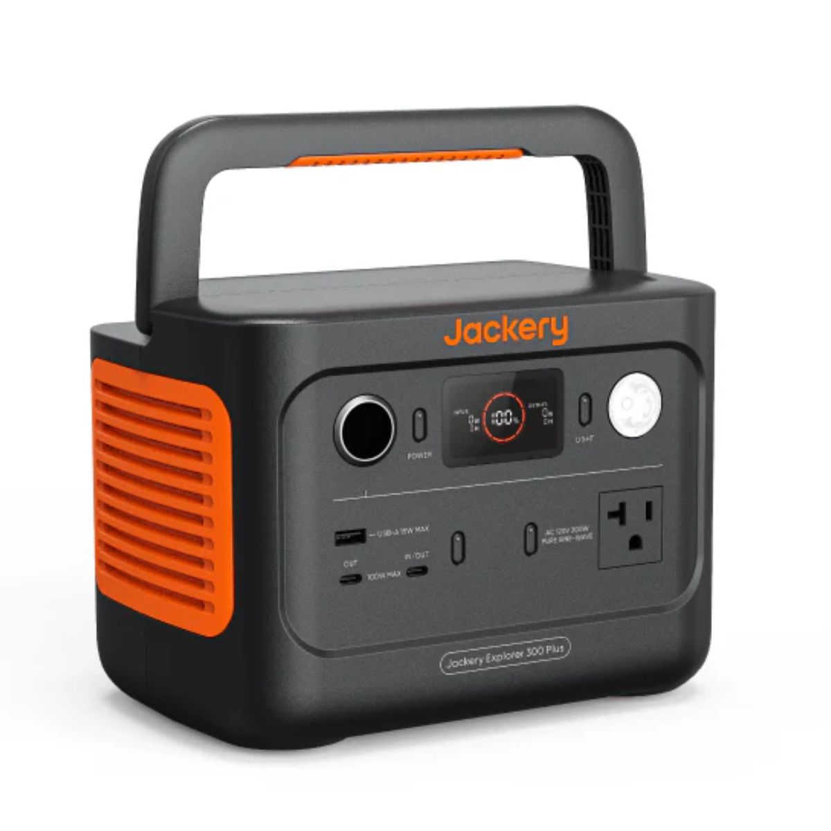 Jackery JE-300B Explorer 300 Plus Portable Power Station displaying its compact and durable build with its black and orange color scheme