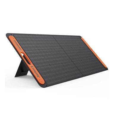 Jackery JS-100C SolarSaga 100W Solar Panel displaying its durable kickstand design and compact foldable build with black and orange color scheme