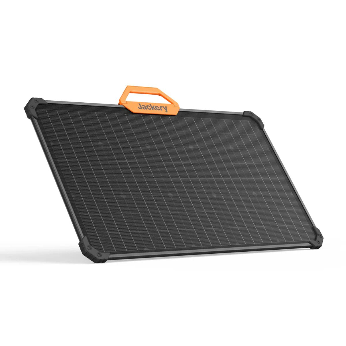 Jackery JS-80A SolarSaga 80W Solar Panel displaying its compact and durable build with its black color scheme and a orange colored handle