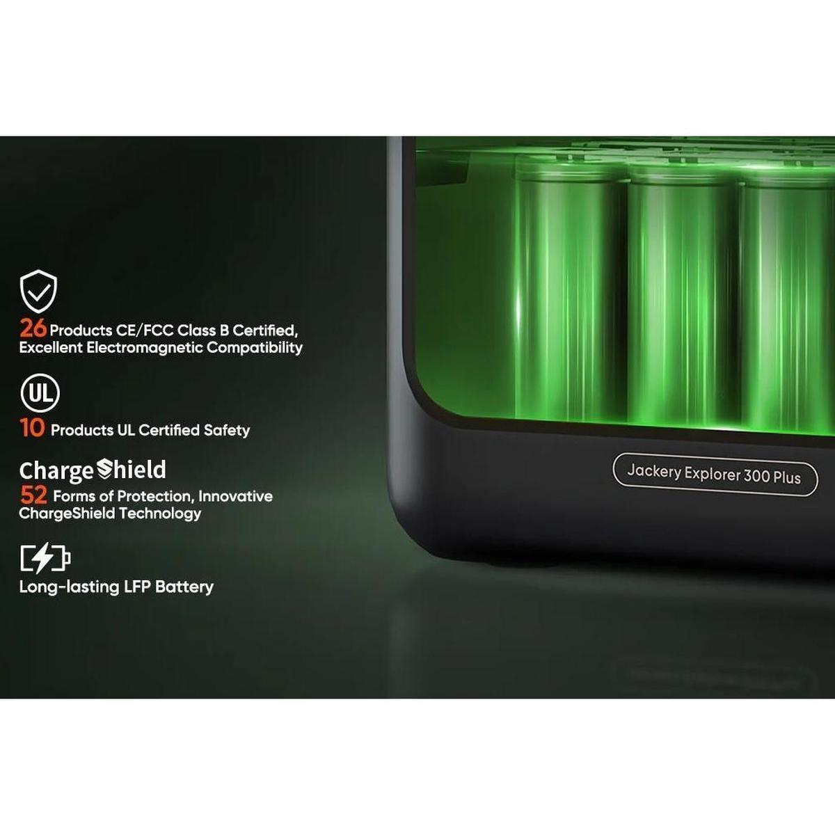 Jackery JSG-0304B Solar Generator 300 Plus displaying its battery features