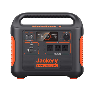 Front panel view of Jackery JSG-1500B Explorer 1500 Portable Power Station displaying its 2 x DC Input, LCD Screen, USB-C Output, USB-A Output, 3 x AC Output, and Car Port