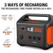 Jackery Explorer 1000 Portable Power Station featuring its 3 recharging options: wall outlet, car outlet, and solar panel charging