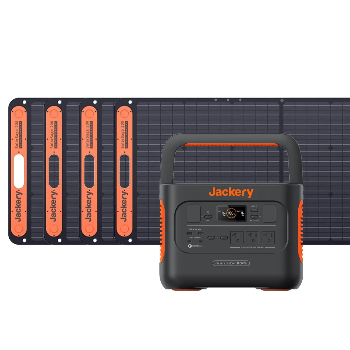 Jackery Solar Generator 1000 Pro displaying its components: the Explorer 1000 Pro Portable Power Station and 4 x SolarSaga 200W Solar Panel Combo