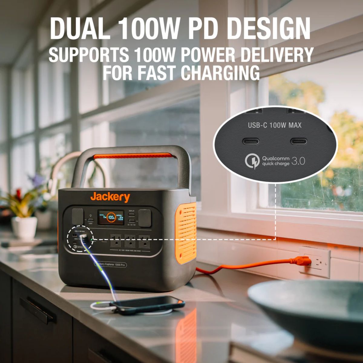 Jackery Explorer 1000 Pro Portable Power Station featuring its dual 100W PD design that supports 100W power delivery for fast charging