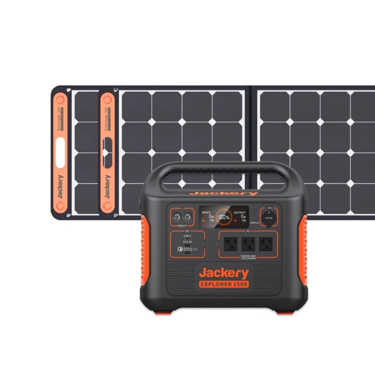 Jackery Solar Generator 1500 displaying its components: the Explorer 1500 Portable Power Station and 2 x SolarSaga 100W Solar Panel