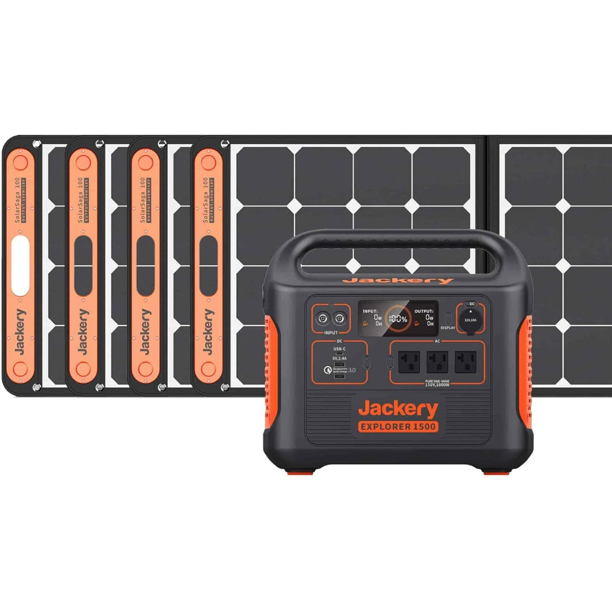 Jackery Solar Generator 1500 displaying its components: the Explorer 1500 Portable Power Station and 4 x SolarSaga 100W Solar Panel