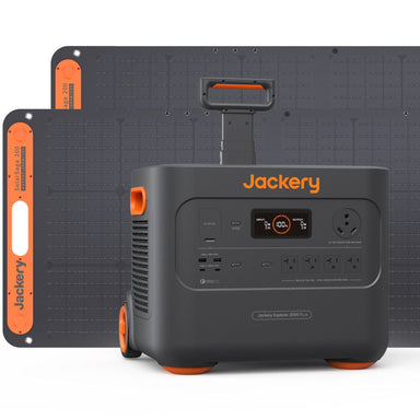 Jackery Solar Generator 2000 Plus Bundle displaying its components: Explorer 2000 Plus Portable Power Station, and 2 x SolarSaga 200W Solar Panels