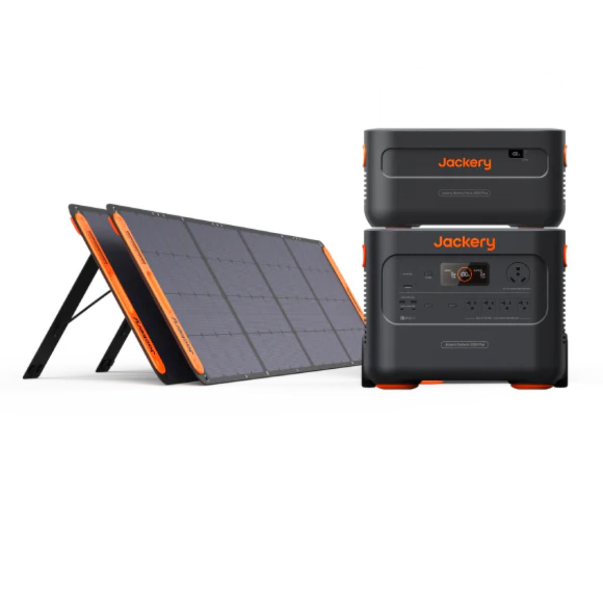 Jackery Solar Generator 2000 Plus displaying its Explorer 2000 Plus Portable Power Station, Battery Pack 2000 Plus and SolarSaga 200W Solar Panel combination