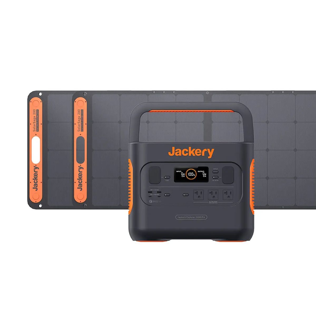 Jackery Solar Generator 2000 Pro displaying its components: the  Explorer 2000 Pro Portable Power Station and 2 x SolarSaga 200W Solar Panel