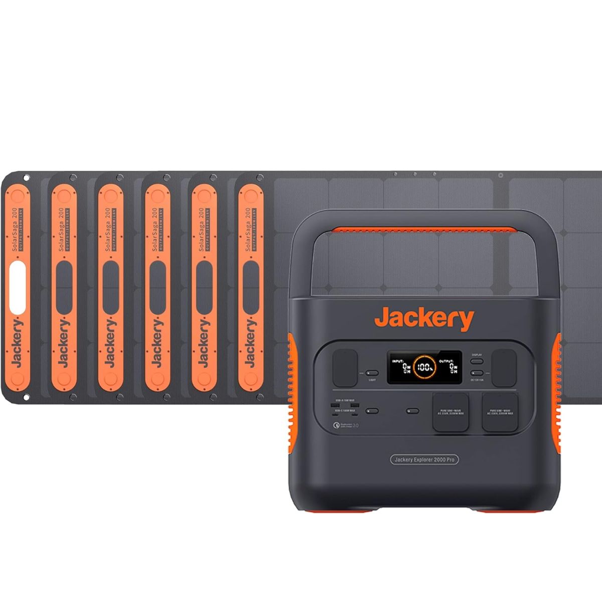 Jackery Solar Generator 2000 Pro displaying its components: the Explorer 2000 Pro Portable Power Station and 6 x SolarSaga 200W Solar Panel