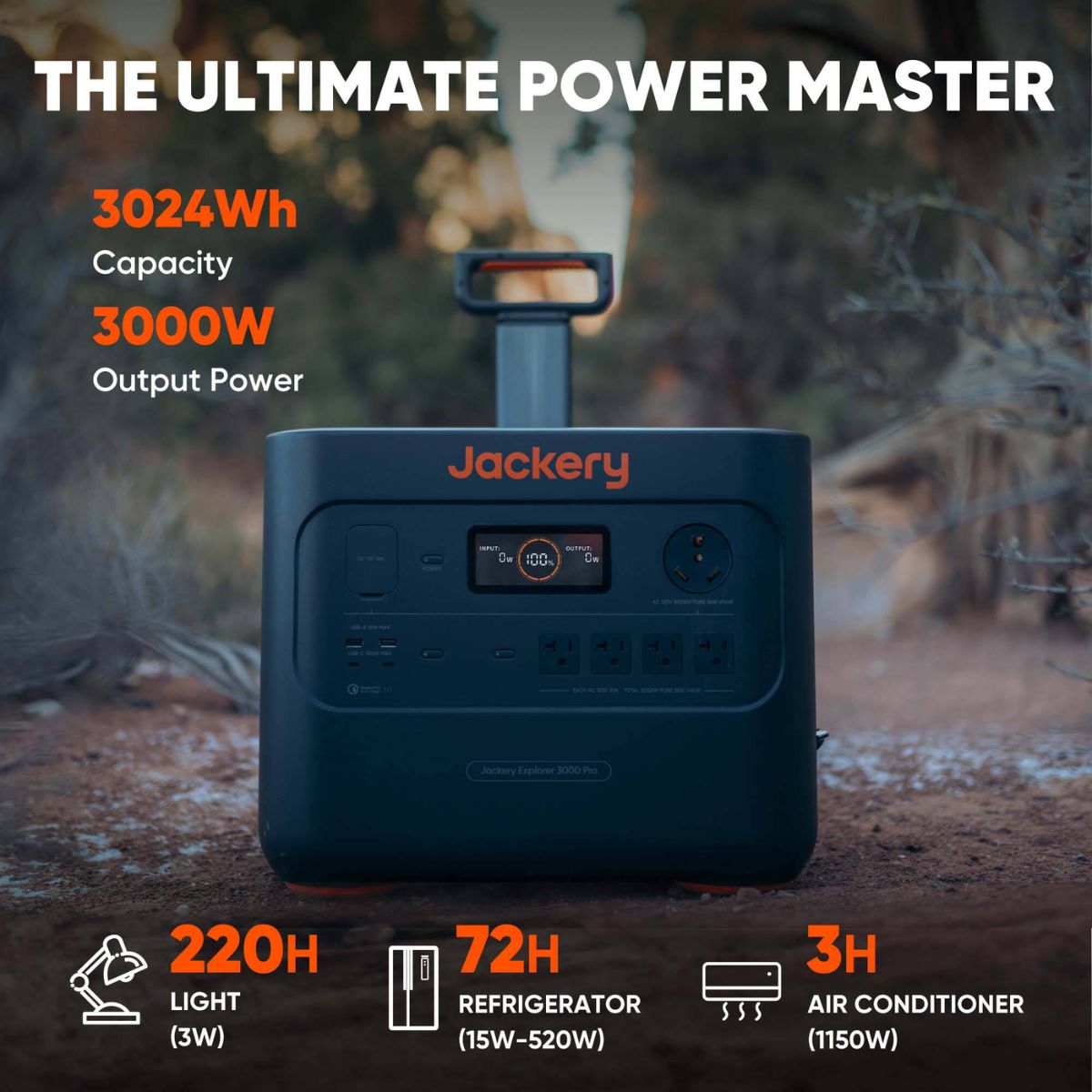 Jackery Explorer 3000 Pro Portable Power Station displaying its power capacity up to 3024Wh and its suite case design for portability