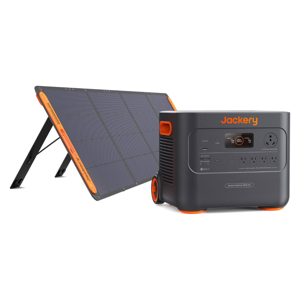 Jackery Solar Generator 3000 Pro displaying its Explorer 3000 Pro Portable Power Station and SolarSaga 200W Solar Panel combination