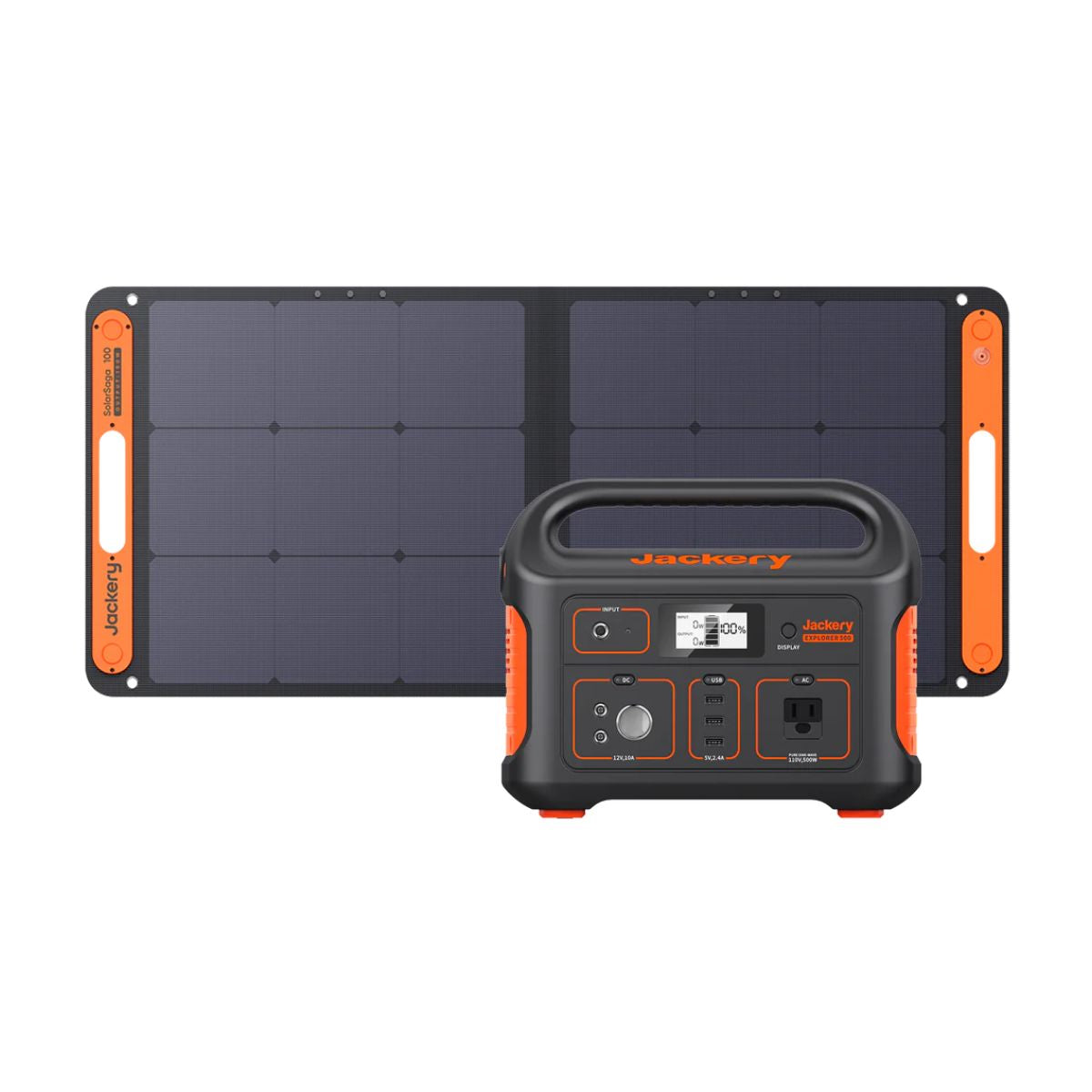 Jackery Solar Generator 500 displaying its Explorer 500 Portable Power Station and SolarSaga 100W Solar Panel Combo