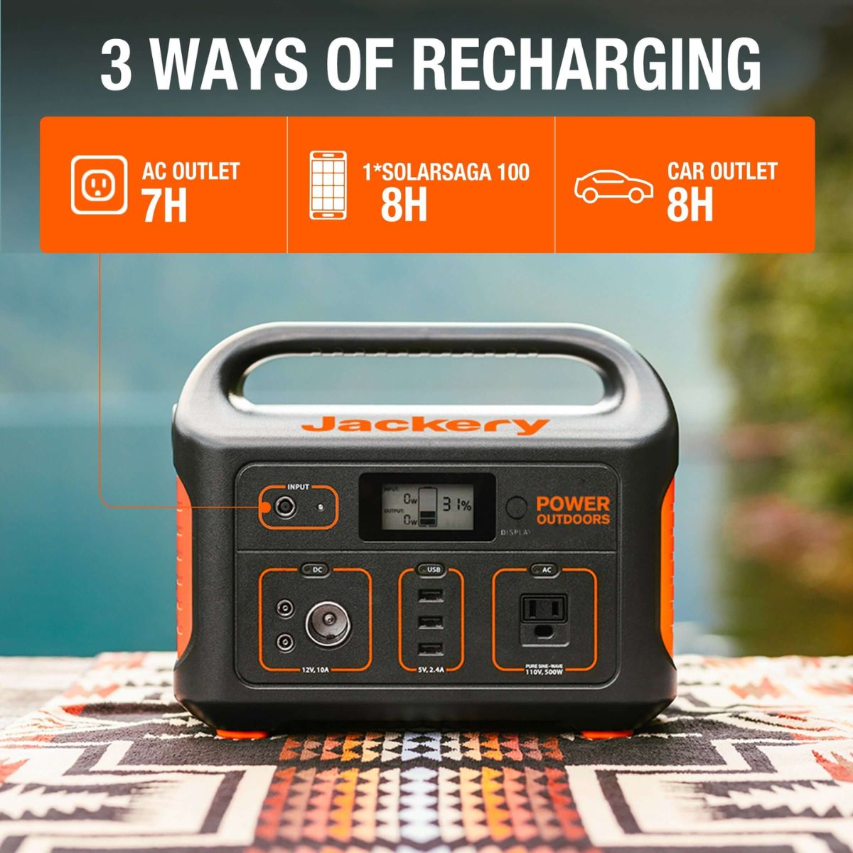 Jackery Explorer 550 Portable Power Station featuring its 3 types of recharging for this portable station