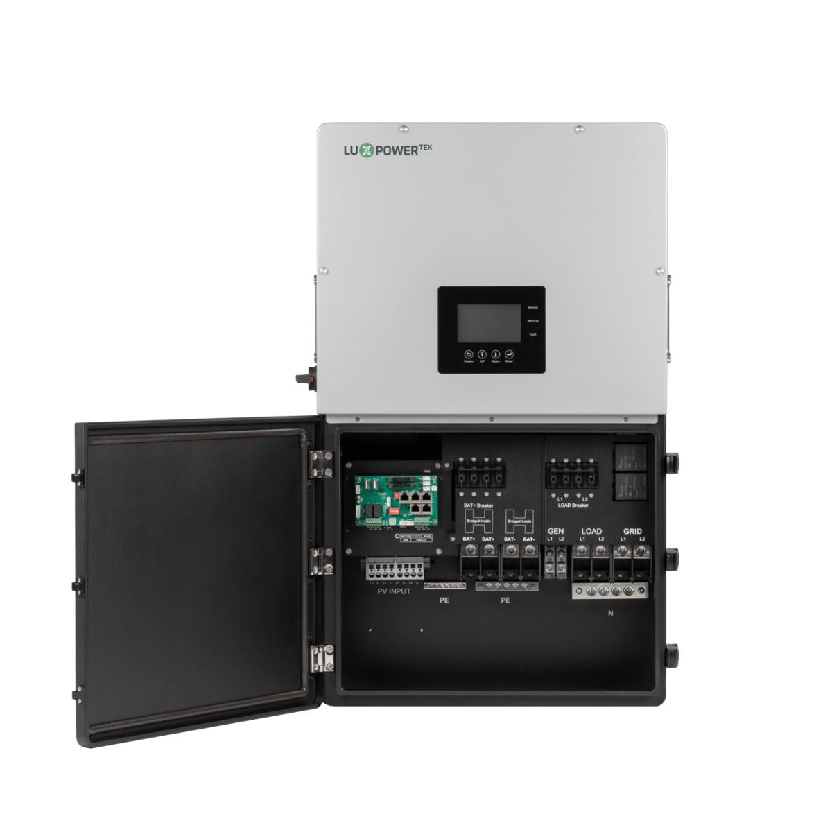 LUXPower INV020 12kW (18kPV) Hybrid Inverter displaying its ports and terminals on its inside panel