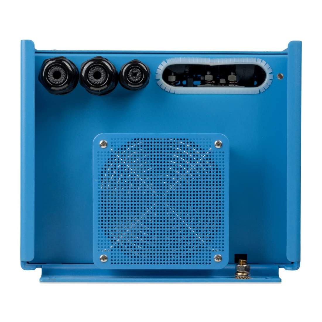 The bottom part of the Victron MultiPlus Inverter Charger 120V shows connection ports, a cooling fan, and a blue metal casing for ventilation.