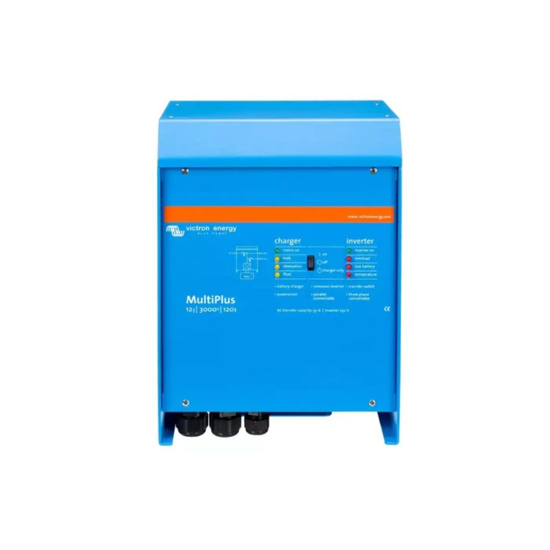 Smaller picture of Blue Victron Energy MultiPlus inverter-charger with labeled controls and indicators, facing front.