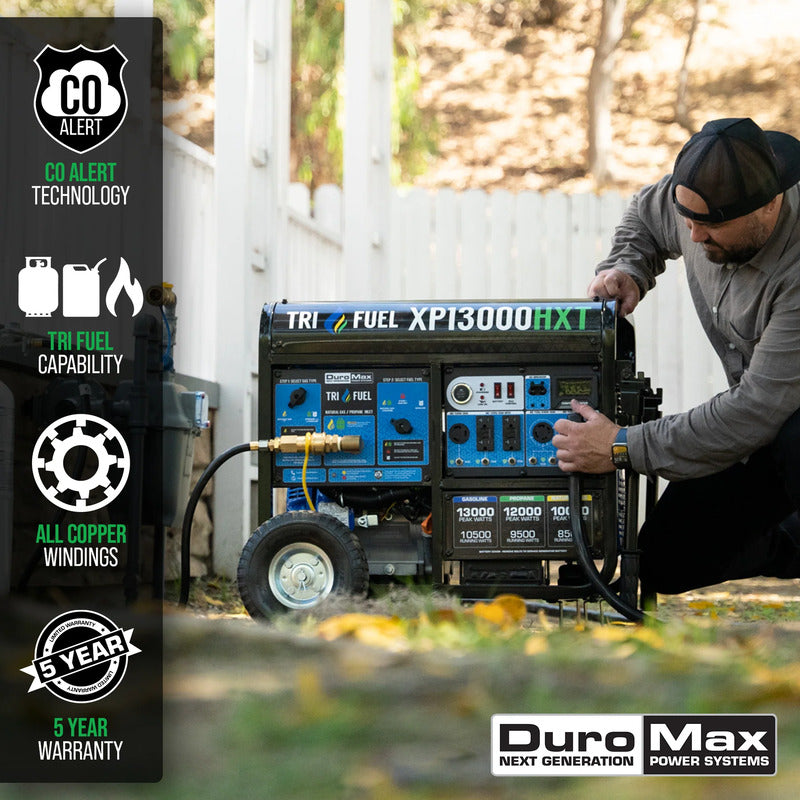 DuroMax 13000 HXT portable generator being demonstrated by a man