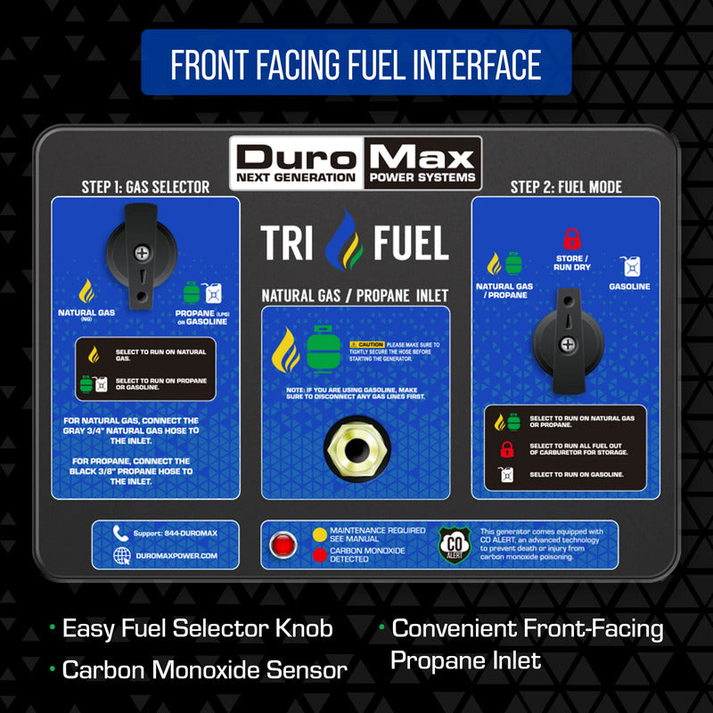 DuroMax XP13000HXT fuel interface with natural gas and propane inlet, gas selector knob, and carbon monoxide alert.