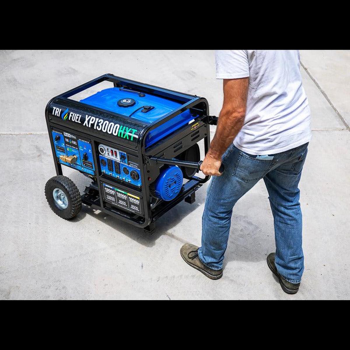 xp13000hxt being moved by a man using the wheel & handle kit