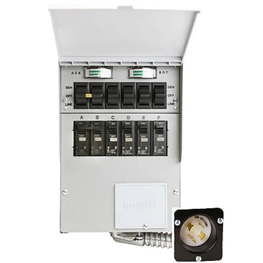Reliance indoor transfer switch panel with dual wattmeters and a power inlet for connecting portable generators, complete with an electrical flanged inlet box for generator accessories.