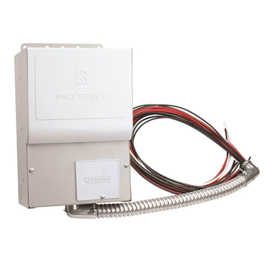 Reliance Pro/Tran2 model of outdoor transfer switch, designed for seamless integration with quality portable generators, with visible branding and sturdy cabling.