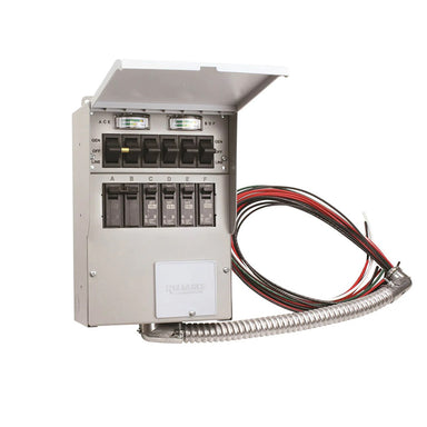 Interior layout of a Reliance Pro/Tran2 outdoor transfer switch, highlighting the accessible switch positions and clear labeling for safe operation with portable generators.