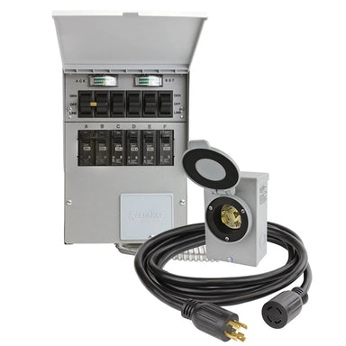 Complete Reliance indoor transfer switch kit with built-in watt meters, showcasing a power inlet box and heavy-duty power cord, ideal for connecting to portable generators.