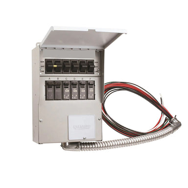 Inside view of a Reliance outdoor transfer switch for quality generators, showing detailed circuit breakers and switches, ideal for managing portable generator power.