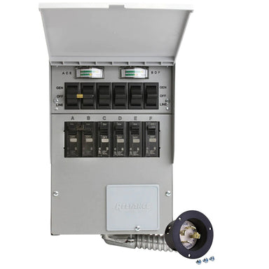 Reliance indoor transfer switch with watt meters and a separate flanged inlet box, designed for safe and efficient connection to portable generators, ensuring reliable power management.