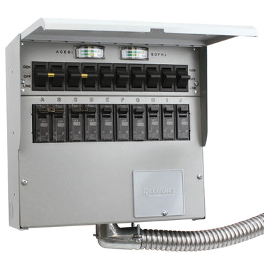 Reliance generator accessories featuring an open outdoor transfer switch panel for quality portable generators, with clear labeling and robust design.