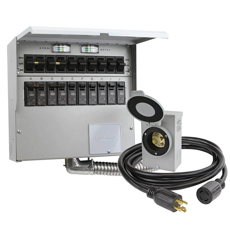 Reliance 310CRK transfer switch kit, featuring easy installation and connection for high-quality generators, complete with power cords and inlet box.