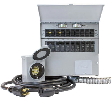 Open Reliance 310CRK transfer switch showing circuit breaker slots, a robust accessory for portable generators.