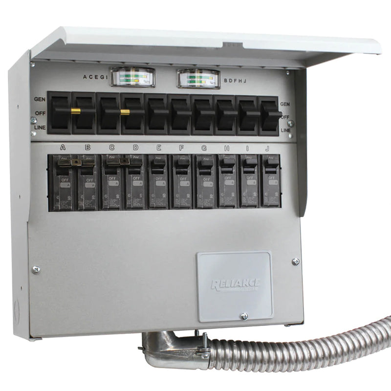 Detailed view of Reliance 310CRK transfer switch's circuit breakers, designed for efficient power management with portable generators.