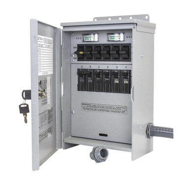 Reliance outdoor transfer switch with a meter, providing reliable power transition for quality generators, an essential generator accessory for safety.