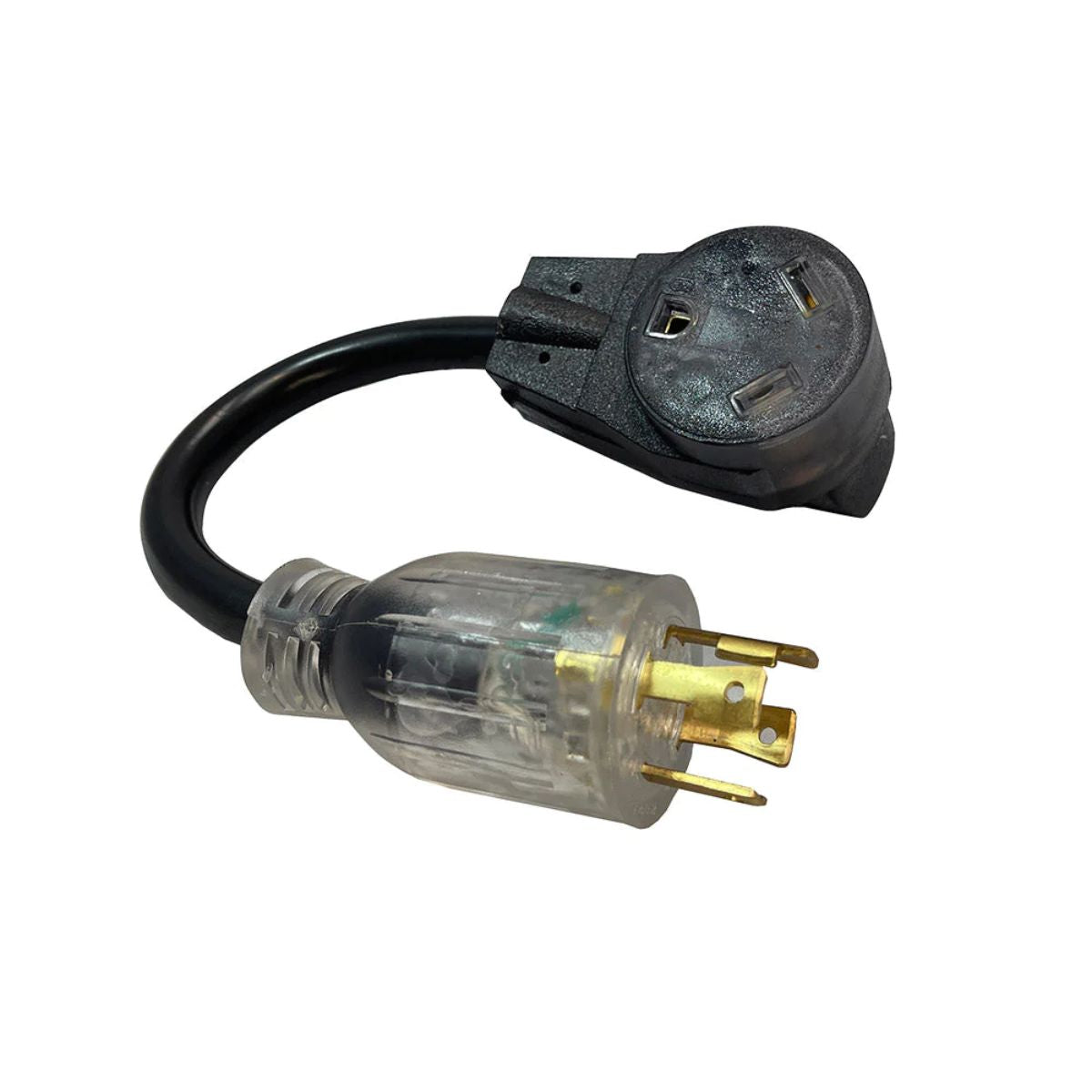 Reliance AC30RV Color Connect Adapter Cord displaying its 4 prong plug with translucent body and female adapter, with its black color scheme