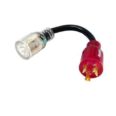 Reliance AC3130 Color Connect Adapter Cord displaying its 3 prong plug with red translucent body and female adapter, with its clear translucent color scheme