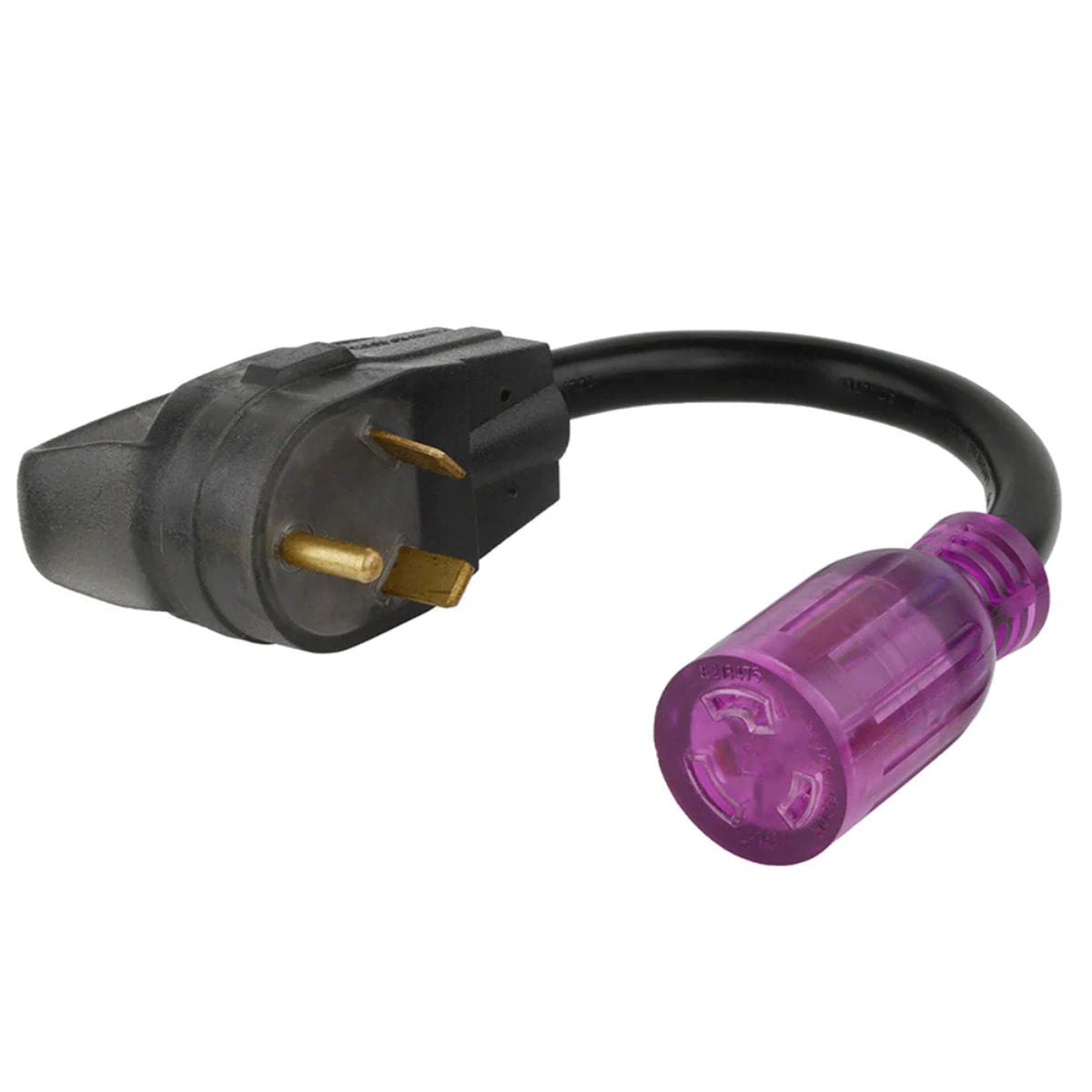 Reliance ACRV22 Color Connect Adapter Cord displaying its 3 prong plug with dark grey translucent body and female adapter, with its purple translucent color scheme