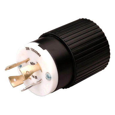 The Reliance L1420P Generator Power Chord Plug displaying its 4 prong plug and it white and black color scheme with rigid design to its body