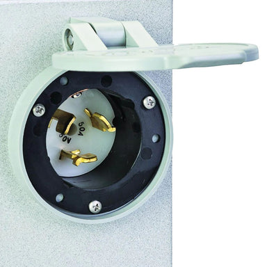 Reliance PB50 Power Inlet Box displaying a zoomed in image of its 3-prong plug and cover