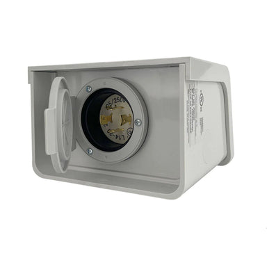 Reliance PBN20 Power Inlet Box featuring its 4-prong plug, cover and white color scheme.
