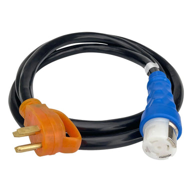 Reliance PC5020-14 Generator Chord displaying its 3-prong plug with its orange color scheme and the 3-socket female end with its  blue color scheme