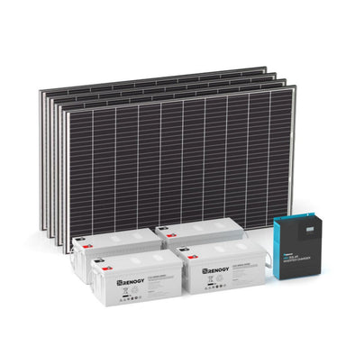 Renogy 1.2kW Essential Kit displaying its product components: Solar panels, Battery packs, and Inverter