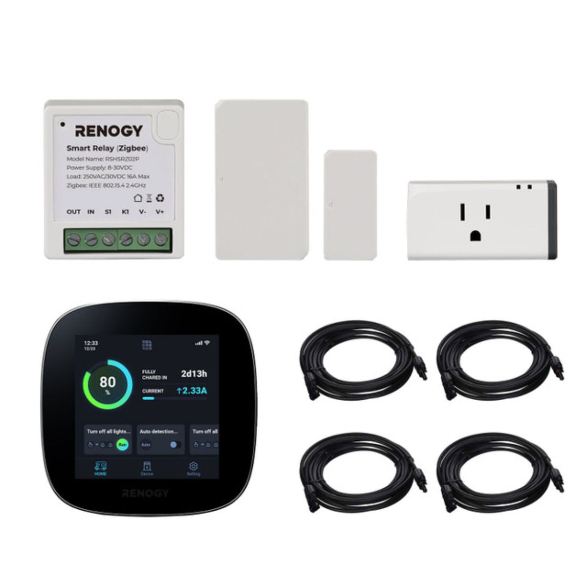 Renogy 1.2kW Advanced Kit displaying its accessory components: Renogy One Core, Smart Relay, Smart Plug, Smart Sensors for door & windows and solar panel connectors