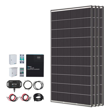 Renogy 1200W Tiny House Home Cabin Kit displaying its product components: Monocrystalline Solar Panel, Solar Inverter Charger, Bluetooth Module, Circuit Breaker, and Case Circuit Breakers